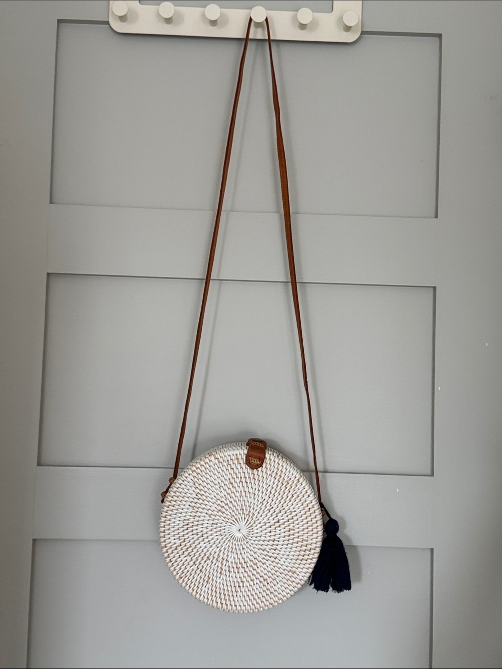 Women’s Round Woven Crossbody Bag with Tassel - White and Brown